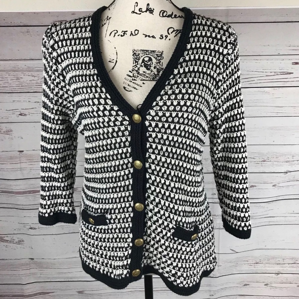 Cabi Size L Black/White Chunky Knit Coco Cardigan